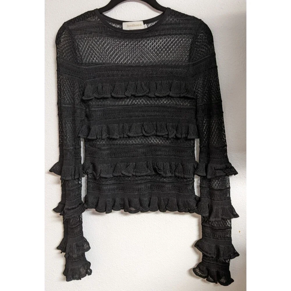 ZIMMERMANN Wonderland Ruffle Trim Black Knit Viscose Frill Top Size 0/4